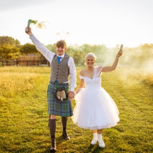 Fully corseted tulle tea dress with a nod to Scottish heritage