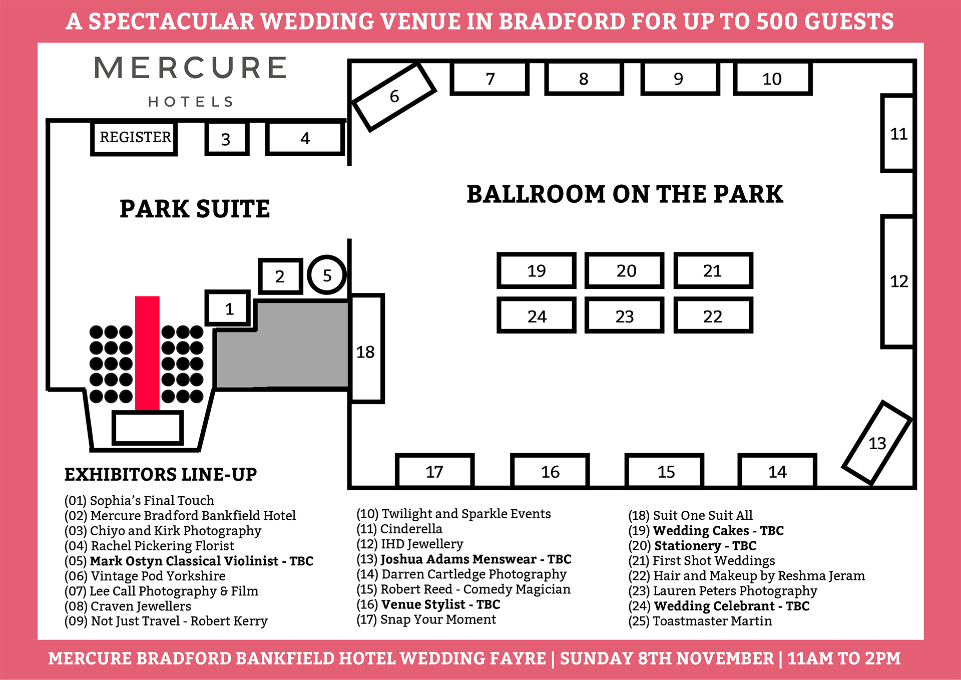 Mercure Bradford Wedding Fayre Floor Plan for Nov 2026 | The UK Wedding Event Wedding fair floor plan with numbered exhibitor booths (1–25), Park Suite and Ballroom on the Park, and the exhibitor list.
